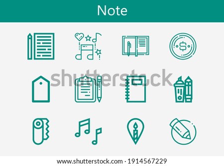 Premium set of note line icons. Simple note icon pack. Stroke vector illustration on a white background. Modern outline style icons collection of Livejournal, Notebook, Dollar, Music, Paper