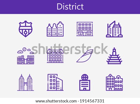 Premium set of district line icons. Simple district icon pack. Stroke vector illustration on a white background. Modern outline style icons collection of Building, Nantes, Skyscraper, Merida