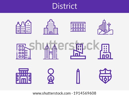 Premium set of district line icons. Simple district icon pack. Stroke vector illustration on a white background. Modern outline style icons collection of Building, Nantes, National mall, Skyscraper