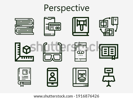 Premium set of perspective [S] icons. Simple perspective icon pack. Stroke vector illustration on a white background. Modern outline style icons collection of Table, Cube, Book, Phone, 3d glasses