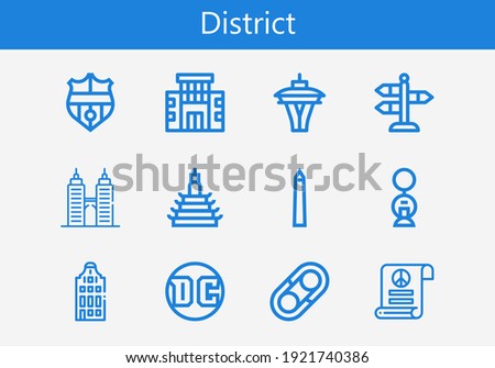 Premium set of district line icons. Simple district icon pack. Stroke vector illustration on a white background. Modern outline style icons collection of Building, Nantes, Pacifism, National mall