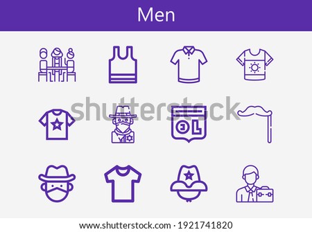 Premium set of men line icons. Simple men icon pack. Stroke vector illustration on a white background. Modern outline style icons collection of Group, Shirt, Olympique lyonnais, Sleeveless, Cowboy