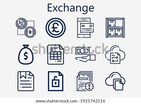 Premium set of exchange [S] icons. Simple exchange icon pack. Stroke vector illustration on a white background. Modern outline style icons collection of Money, File transfer, Bitcoin, Pound