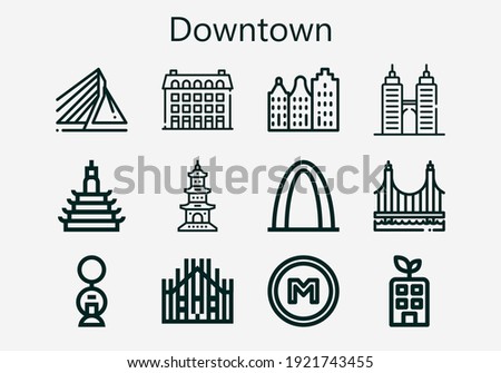 Premium set of downtown [S] icons. Simple downtown icon pack. Stroke vector illustration on a white background. Modern outline style icons collection of Building, Rotterdam, Milan, Metro