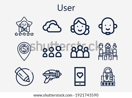 Premium set of user [S] icons. Simple user icon pack. Stroke vector illustration on a white background. Modern outline style icons collection of Livejournal, Placeholder, Group, OneDrive, Blaster