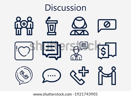 Premium set of discussion [S] icons. Simple discussion icon pack. Stroke vector illustration on a white background. Modern outline style icons collection of Agreement, Chat, Psychologist, Badoo