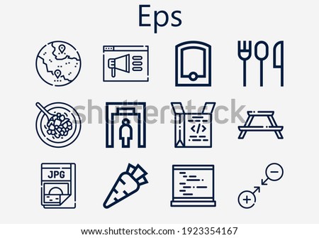 Premium set of eps [S] icons. Simple eps icon pack. Stroke vector illustration on a white background. Modern outline style icons collection of Jpg, Shuizhu, Carrot, Picnic table, Coding, Gps