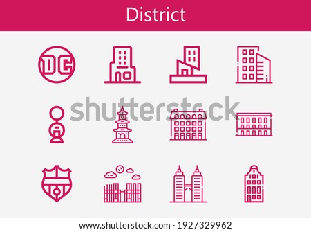 Premium set of district line icons. Simple district icon pack. Stroke vector illustration on a white background. Modern outline style icons collection of Building, Nantes