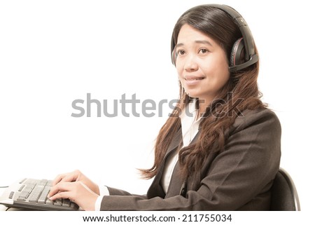 customer support operator with headset on notebook.  on white background