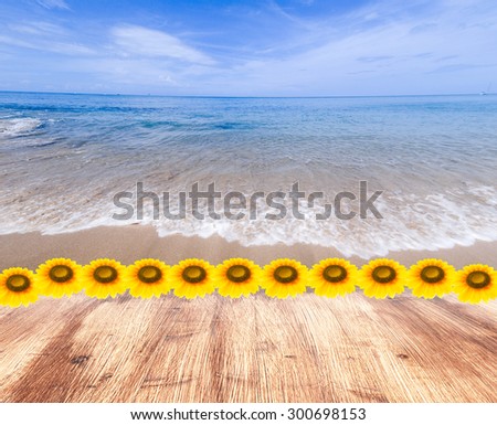 landscape Perspective wood floor over sea   can be used for display or montage your products. Viewpoint out to sea background. Sunflower,