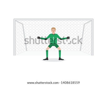 Soccer sport athlete, football goalkeeper defending a penalty shoot. Flat design people characters.