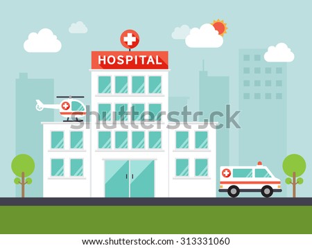 City hospital building with ambulance and helicopter in flat design. vector.