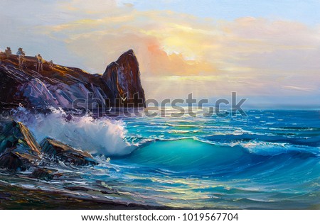 Original oil painting of  sea and beach on canvas.Rich golden  Sunset over sea.Modern Impressionism.