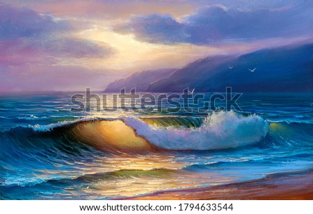 Original oil painting of  sea and beach on canvas.Rich golden Sunset over sea. Modern Impressionism.