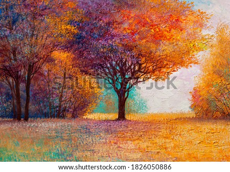 Autumn forest , orange leaves.Original landscape painting with oil paints.