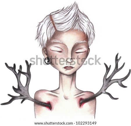 young boy with white hair horns from a breast grow