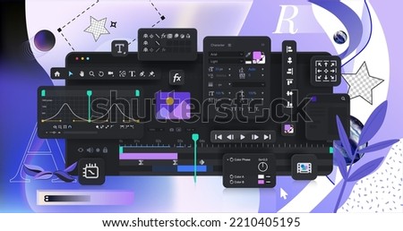 Interface menu and program panels for motion design on an abstract background