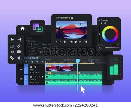 Popular video editor. Editing a video project. Sound and color adjustment. Video Clip Editing Program Interface