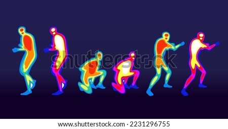 Set of soldier body thermogram man  vector flat illustration. Collection of two infrared thermography isolated on night. Temperature torso area of bright spectrum human