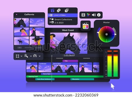 non-linear video editing software program. Popular video editor. Editing a video project. Sound and color adjustment. Video Clip Editing Program Interface