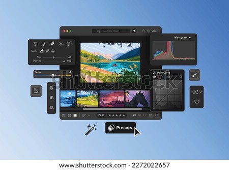 Editing software for importing, saving, viewing, organizing, tagging, editing, and sharing large numbers of digital images. Presets for many photos. App for photographers