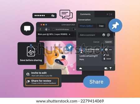 Share function in photo editor. Add and view comments. Collaboration work