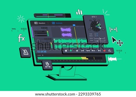 The Audio Editor Program is displayed on the computer. Audio Recording Audition. Digital sound workstation. Music application. Sounds  montage. Creating remixes of music tracks. Podcast software. Fake