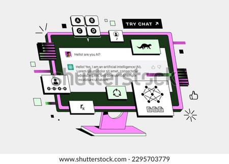 The Chatbot is displayed on the computer. Neural Network Genetates Text. Artificial Intelligence answers questions. ChatGPT concept fake 3d vector illustration.