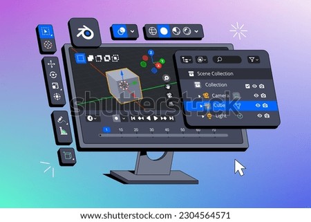 Program for creating 3d Graphics. Toolbar Panels. Creating a 3D cube model in the editor is displayed on a computer monitor. Fake 3d vector illustration 