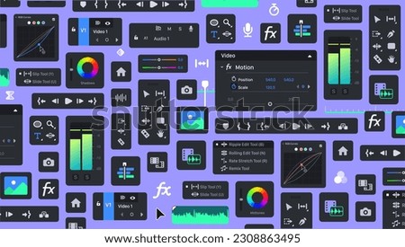 Background of Video Editor processing Tools. Tool Blocks. Graphic Movie Editing. Motion Designer UI bg. Set of icon Panels for Film makers. Set of Videomakers items. FX Buttons and icons. Toolbar