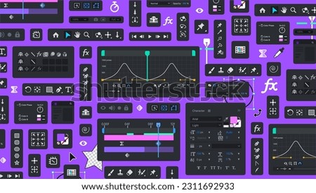 Background of Motion Design Editor processing Tools. Tool Blocks. Graphic Movie and animation Editing. UI bg. Set of icon Panels for visual effects. Videomakers items. FX Buttons and icons. Toolbar