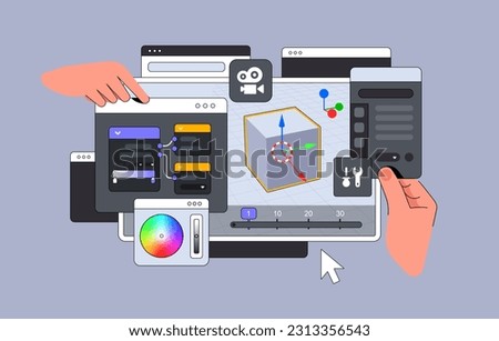 3d Editor Program interface with hands. Big Dashboard for moduling. Vector illustration

