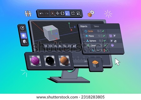 3D software suite interface displayed on a computer monitor. Viewport of Program for motion designers and animators. Creating three dimensional vfx. Isometric Vector illustration.
