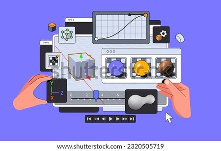 3D Software suite Interface Layout with hands. Viewport of Program for Motion Designers and Animators. Big panels. Minimal Vector illustration.