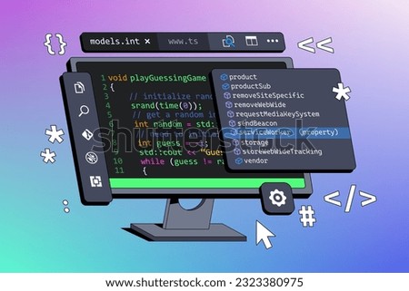 Window for developing computer programs displayed on computer. Programming and coding concept. Code on the screen. Isometric vector illustration