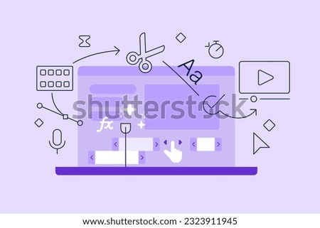 Video editing vector illustration with linear icons. Video production  montage concept in Line Art style.