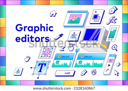 Graphic and Motion UX UI Designer toolbars in Retro colorful style.  Vector illustration