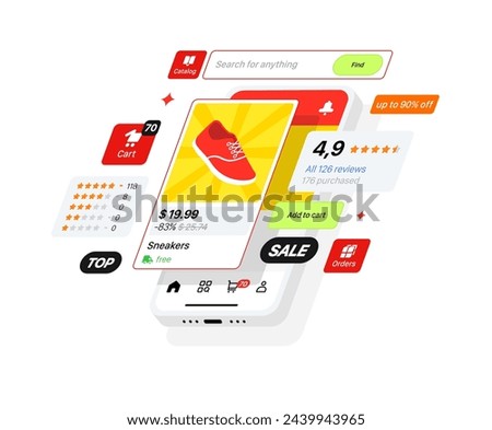 The Chinese Marketplace is displayed on the Phone. Flying 3d panels of the Interface of Mobile Application. Online Store for the Sale and Purchase of goods. E-commerce concept Vector illustration