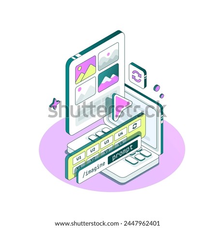 Artificial intelligence turns text into pictures. Isometric minimalist style. Prompt button command.  AI offers 4 pictures to choose from in the chat. Service for generating images. Neural Network