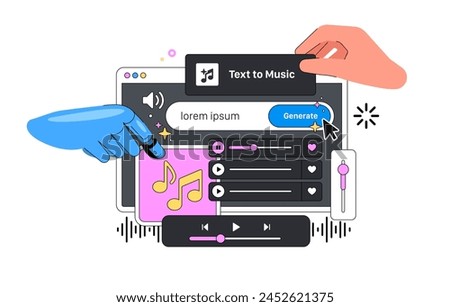 Artificial Intelligence big Layout vector illustration with Hands. Ai Robot hand Generate Music from the Text. Neural Network Robot makes Melody from Textual descriptions