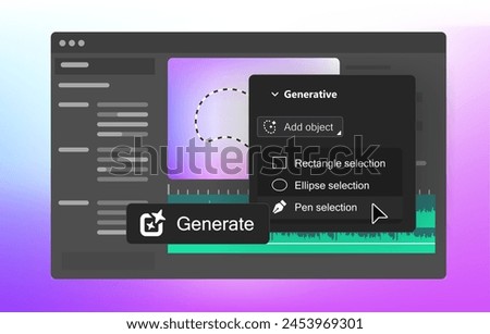 New AI Generative features in Video Editor. Object Selection Tool. Generate button. Vector illustration. 