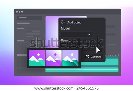 Add object panel. AI Generative features in Video Editor. Prompt button with pictures selection. Vector illustration. 