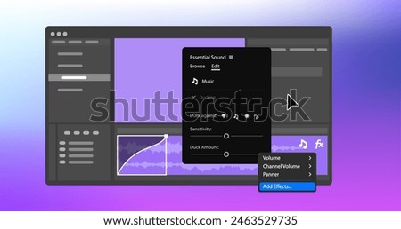 Interactive Fade Handles on audio clips. Timeline in Video editor. Essential Sound menu Panel. Vector illustration