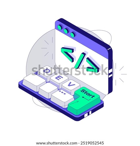 Small Mini Keyboard with Programming Inscription Dev. Developer concept. Isometric vector illustration