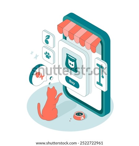 Сat is adding Items to the Cart in the online Store. The Pet Shop Mobile App. Isometric vector illustration