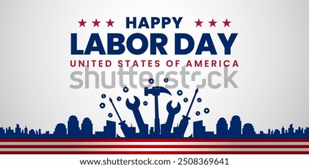 USA Happy Labor Day celebration banner background design with American flag. Labour day Safety hard hat and Construction tools background.