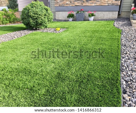 A beautiful artificial lawn in the front yard with nice flowers and shrubs surrounding it Foto stock © 