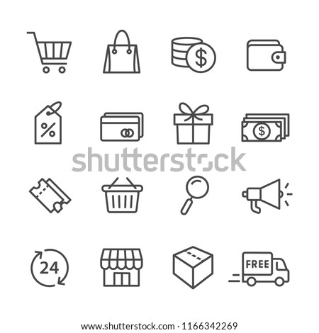 Set simple lines icon of related shopping and e-commerce