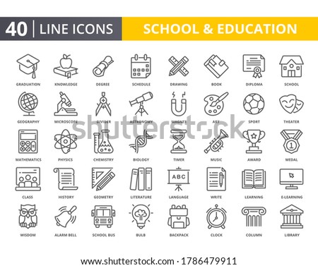 School vector lines icon set. Related of education, science, history. Thin line quality icons for web element