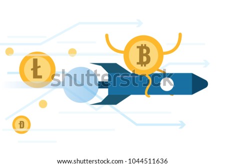 Bitcoin riding rocket  move faster than other cryptocurrency.  cryptocurrency growth concept. flat design element. vector illustration